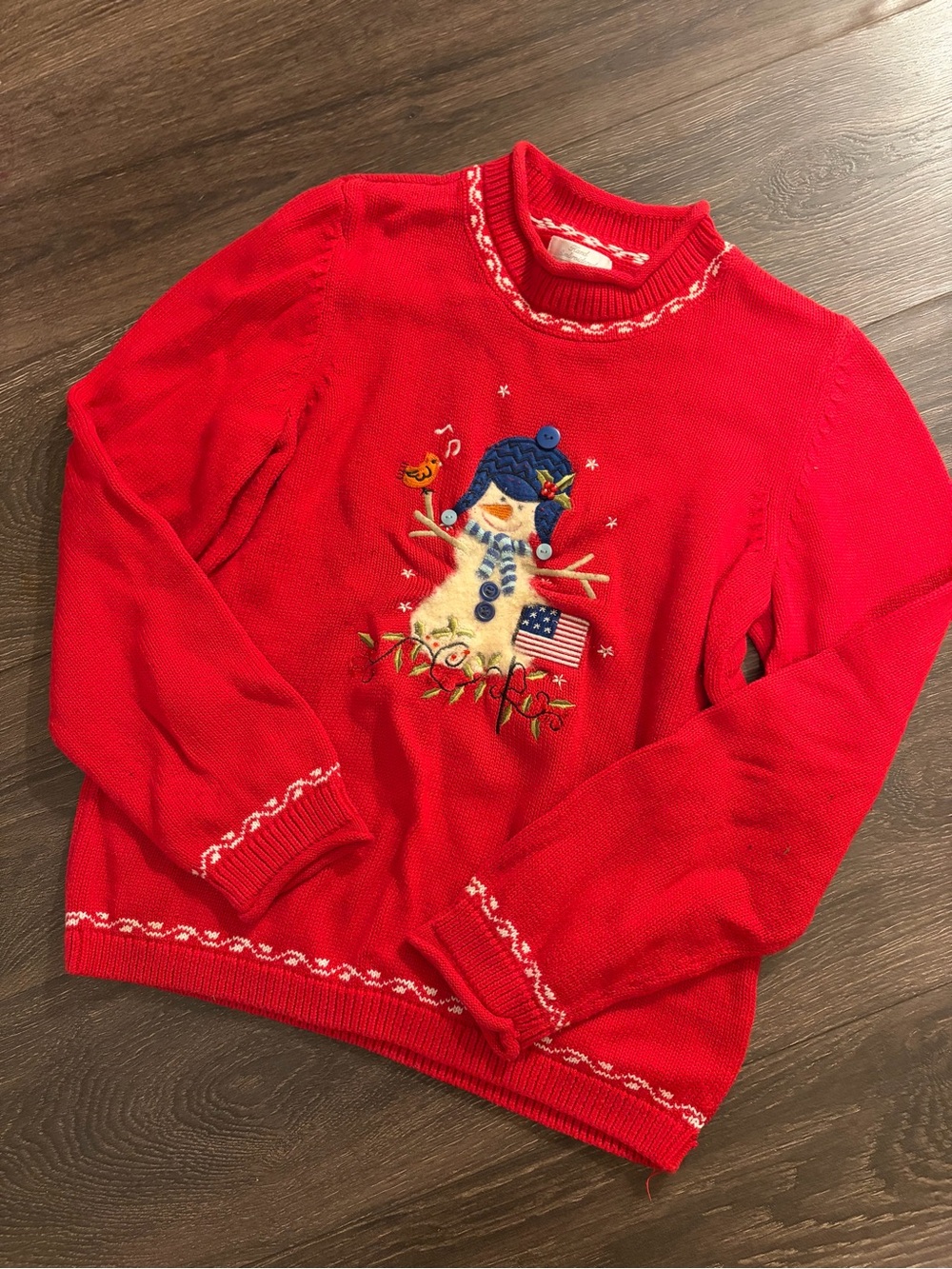 Vtg Christopher & Banks Red Snowman Embroidered Crewneck Sweater Cottagecore